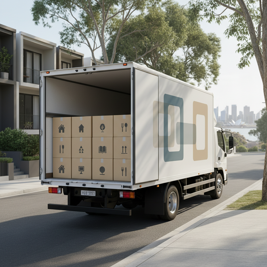 A sleek white moving truck with the Homey Harbor branding implied through clean, minimalist color blocks on the side, parked neatly along a quiet Sydney suburban street lined with modern terrace houses and leafy trees. The truck’s rear is open, revealing neatly stacked, uniformly sized cardboard boxes, labeled with simple icon-style symbols rather than text. Soft late-morning natural light creates gentle reflections on the truck’s polished surface and subtle shadows on the pavement. Photographic realism at eye level, with a slight three-quarter angle, emphasizes reliability and order. The atmosphere feels calm, professional, and trustworthy, with sharp focus on the truck and boxes and a slightly blurred background of the Sydney skyline hints in the distance.