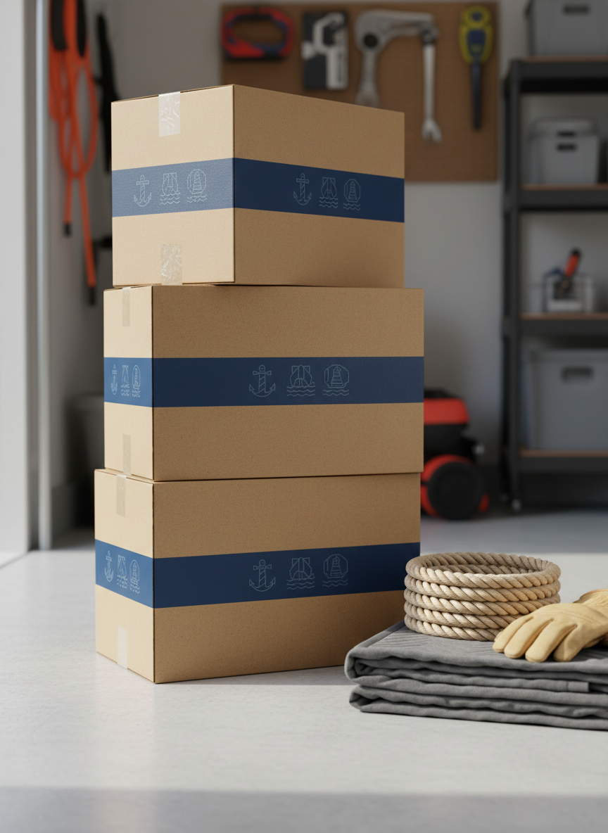 A close-up, photographic shot of a stack of branded-looking moving boxes in a bright garage space, where the branding is suggested only through a consistent color band and abstract harbor-inspired icon rather than legible text. Each box is perfectly taped, edges crisp, and stacked three high beside a neatly coiled heavy-duty rope, a pair of clean work gloves, and a protective moving blanket folded with precision. Cool, even natural light enters from an unseen side door, creating soft highlights on the cardboard texture and subtle shadows on the smooth concrete floor. The composition uses a shallow depth of field with the front box in razor-sharp focus, background fading gently, suggesting meticulous preparation for a professional move.