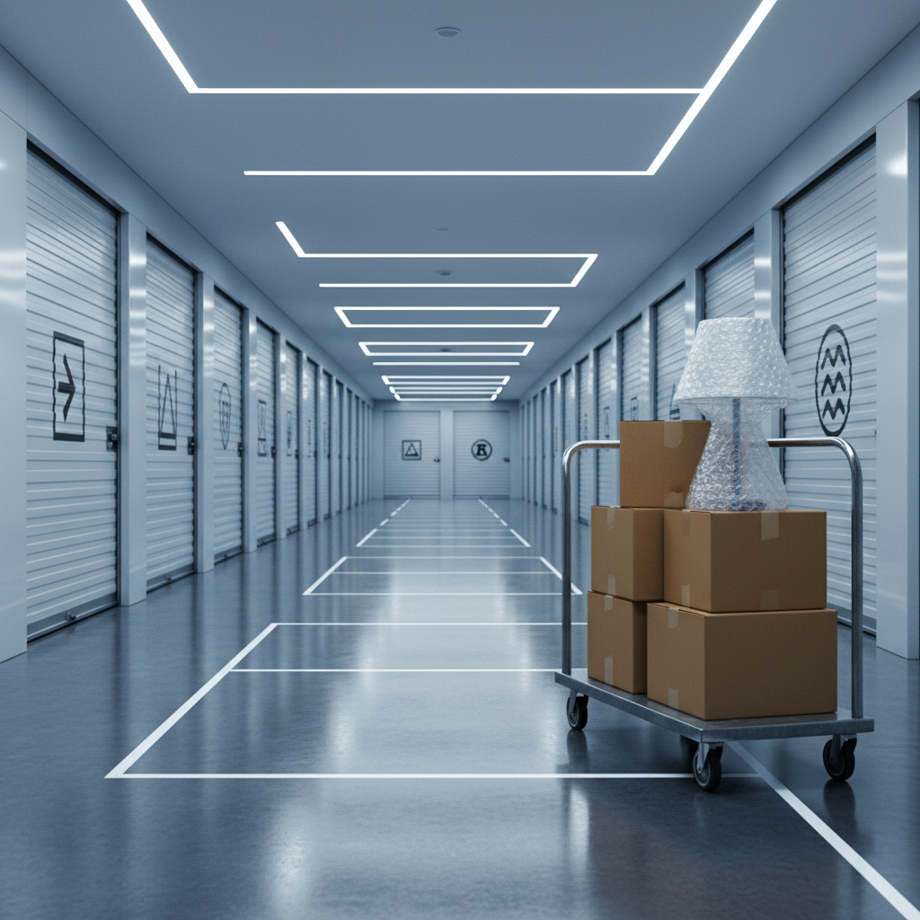 An ultra-organized indoor storage facility corridor in Sydney, with a long row of clean, light-grey roller doors on both sides, each numbered with simple, icon-like markings instead of readable text. The polished concrete floor reflects cool overhead LED strip lights, creating crisp lines of light that run the length of the hall. In the foreground, a sturdy metal trolley is loaded with uniformly taped cardboard boxes and a single neatly wrapped lamp, padded with protective bubble wrap. Photographic realism, shot from a low, central perspective to emphasize depth and reliability. The atmosphere is secure, professional, and efficient, with a cool, modern color palette and sharp focus from front to back.