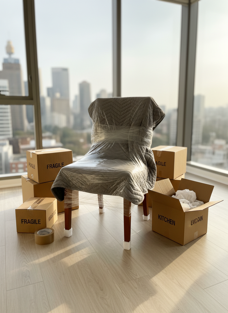 A carefully wrapped wooden dining chair in the center of a bright, empty room, fully protected with thick moving blankets, foam corner guards, and clear stretch wrap that catches the light. Around it, a small cluster of labeled cardboard boxes, a roll of wide packing tape, and an open box showing neatly arranged packing paper and biodegradable peanuts rest on spotless laminate flooring. Large windows reveal a subtle, blurred suggestion of Sydney’s urban skyline. Soft afternoon natural light streams in, creating gentle highlights on the wrapped surfaces and faint shadows underneath. Photographic realism, eye-level framing with a slightly off-center composition. The mood communicates meticulous care, professionalism, and respect for treasured belongings.