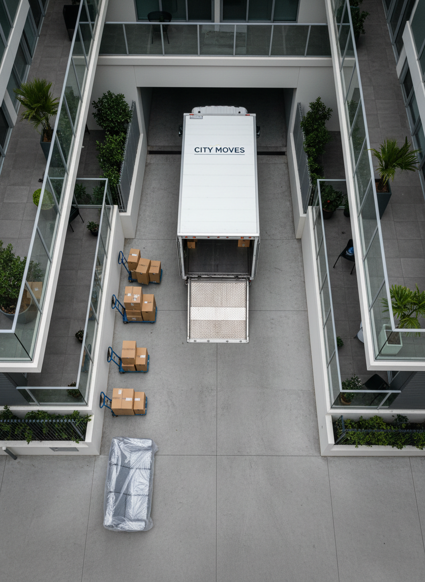 A bird’s-eye view of a modern Sydney apartment building driveway, where a large white moving truck is neatly backed up to the entrance ramp. At the open rear of the truck, a sturdy metal loading ramp extends down to the clean concrete, leading to perfectly aligned dollies carrying sealed cardboard boxes and a carefully plastic-wrapped sofa. The surrounding building features glass balconies and subtle greenery, with no people present. Soft overcast daylight provides even, shadow-free lighting that enhances clarity and detail. Photographic realism with a wide, top-down composition that highlights the streamlined workflow. The atmosphere is efficient, orderly, and professional, ideal for showcasing apartment removals and access management.