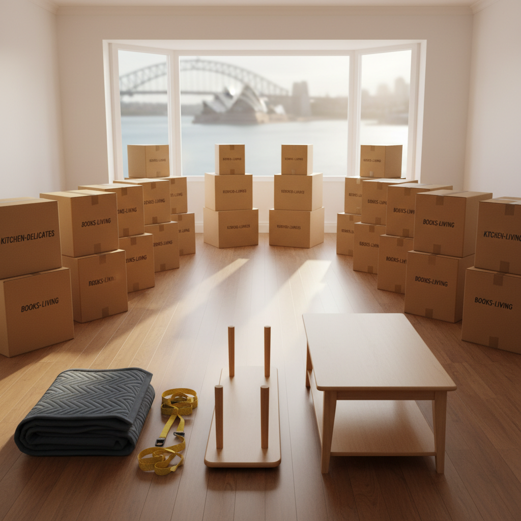 An immaculate living room mid-move, with sturdy cardboard boxes of various sizes precisely arranged in tidy rows on polished timber flooring. A large bay window reveals a subtle glimpse of Sydney’s harbor in the distance, slightly out of focus. Sunlight pours in, creating warm, diffused highlights on box edges and soft shadows across the floor. A folded, padded furniture blanket and bright yellow moving straps rest neatly beside a dismantled wooden coffee table, all perfectly aligned to suggest meticulous care. Photographic realism with a wide-angle, eye-level composition, sharp detail throughout. The mood is organized and reassuring, conveying a seamless, stress-free moving experience in a contemporary Australian home.