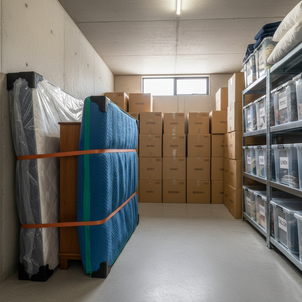 A spacious, well-lit storage unit in Sydney filled with neatly arranged household items, all professionally packed. Sturdy cardboard boxes are stacked in stable columns at the back, while a plastic-wrapped mattress stands upright against one wall, secured with straps. A wooden dresser is fully protected with moving blankets and corner guards, and labeled plastic crates line a metal shelving unit. Soft, diffused light enters from a high, frosted window, casting gentle shadows and creating a calm, secure feeling. Photographic realism from a slightly elevated, wide-angle perspective shows the entire unit layout. The mood is orderly, safe, and reassuring, ideal for highlighting long-term storage and careful organization.