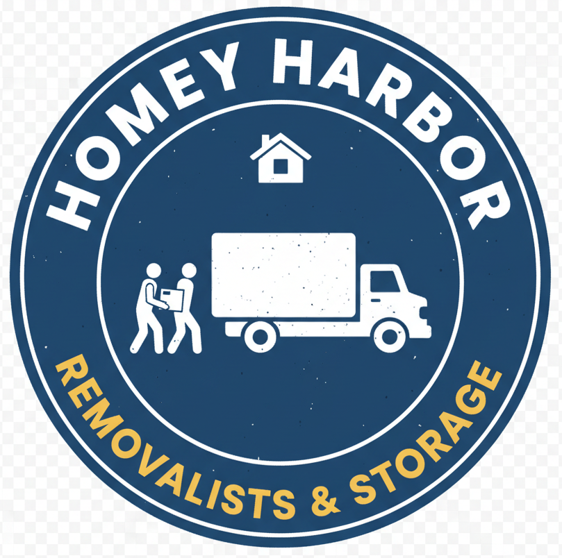 Bold circular badge logo for "Homey Harbor Removalists & Storage". Deep blue circle badge with a thick blue border. Inside: a large moving truck in white with two men carrying a box on the left side. "HOMEY HARBOR" text arched along the top of the circle in bold white letters. "REMOVALISTS & STORAGE" arched along the bottom in yellow/gold letters. Center has a small house icon. No white background - transparent outside the badge circle. Retro-modern professional style.