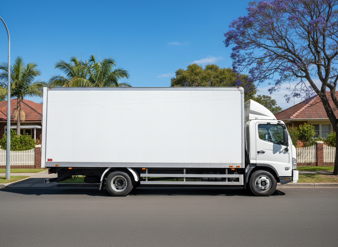A clean professional white moving truck with no logos, no text, no branding on the side. The truck is parked in a suburban Sydney street on a bright sunny day. Photorealistic style, side view, clear blue sky background.
